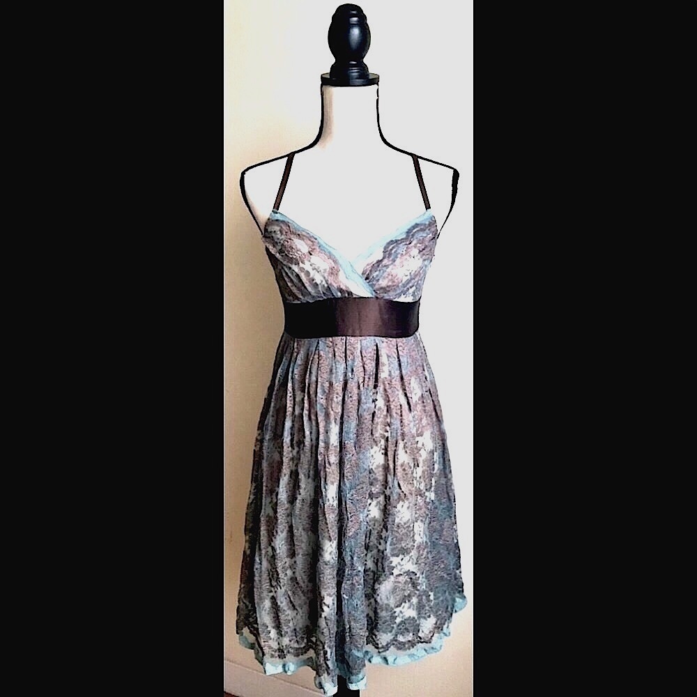 Brown & Blue Lace Babydoll Dress: Midi, Empire Waist w/ Satin Ribbon Tie, Sz. S
